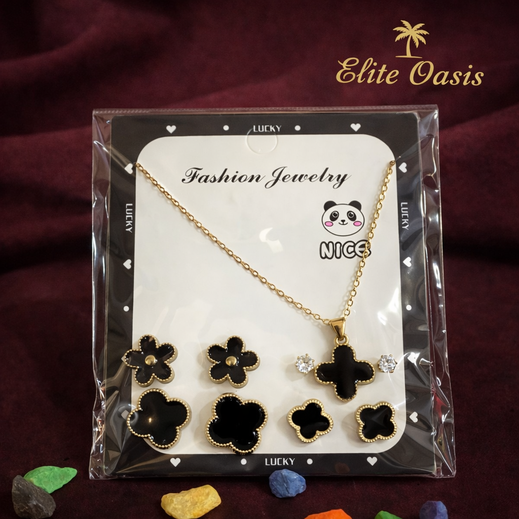 Royal Black Clover Luxe Jewellery Set – Stainless Steel