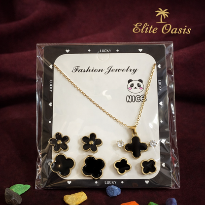 Royal Black Clover Luxe Jewellery Set – Stainless Steel