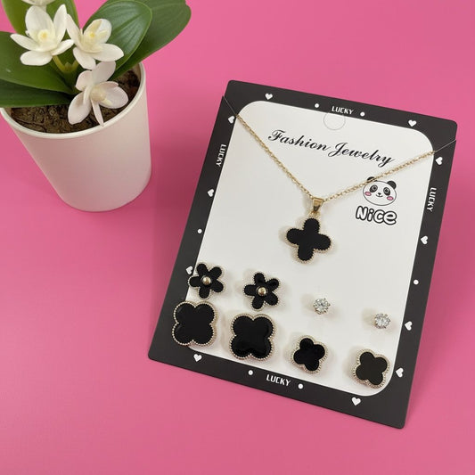 Royal Black Clover Luxe Jewellery Set – Stainless Steel